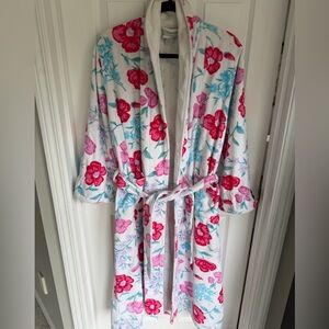 Heather Lane Plush White Robe with Pink & Aqua Floral Accents